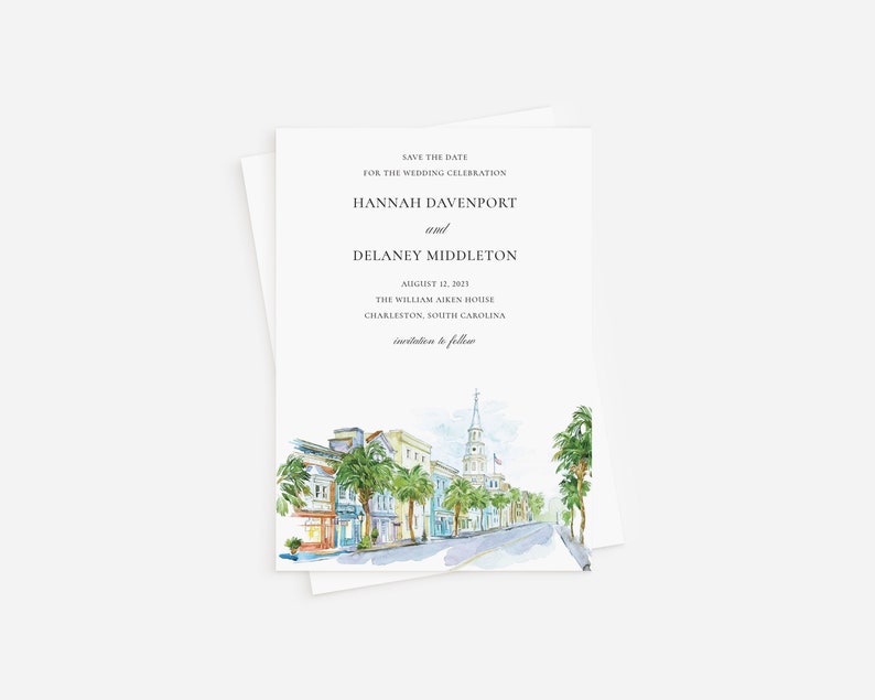 Charleston South Carolina Save The Date, Watercolor Invitation, Southern Bridal Shower, Rehearsal Dinner image 1