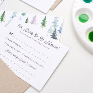 Woodland Wedding Invitations, Bohemian Watercolor Wedding Invitations, In The Woods Wedding Invitations, Watercolor Pinetrees image 2