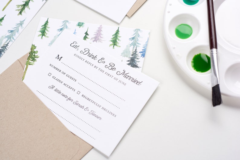 Woodland Wedding Invitations, Bohemian Watercolor Wedding Invitations, In The Woods Wedding Invitations, Watercolor Pinetrees image 2