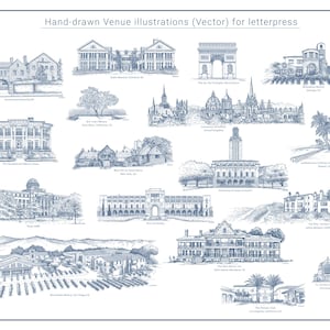 Auftragsarbeit - Maßgeschneiderte Line Art Skizzen, individuelle Veranstaltungsort-Illustrationen. Für Letterpress oder Offset Druck