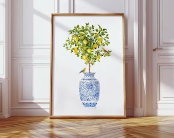 Lemon Topiary Chinoiserie Vase, Watercolor Painting