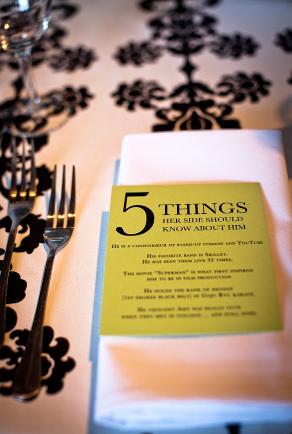 Wedding Reception Cards Five Things About Him And Her Etsy