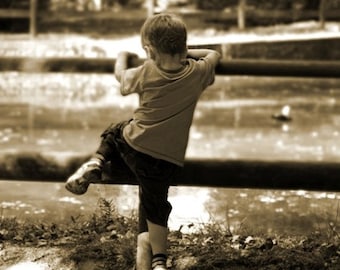 Childhood Photograph - 10x8 - Boy Climbing Fence - adventure, escape, growing up, sepia, AA Milne, Winnie The Pooh