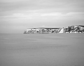 Black and White Seascape - 12x8 - Isle of Wight - seaside, coast, landscape, cliffs, bathroom decor, England