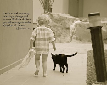 Matthew 18.3 - Child with Cat Christian Art Photographic Print with Bible Verse - 10x8 - sepia, boy, text, children