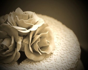 Romantic Wedding Cake Sepia Photograph - A4 - love, roses, shabby chic, vintage, flowers, romance