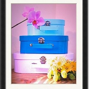 Vintage Style Travel Photo 10x8 suitcase, trunk, vacation, holiday, still life, color, pastels, purple, pink, blue image 2