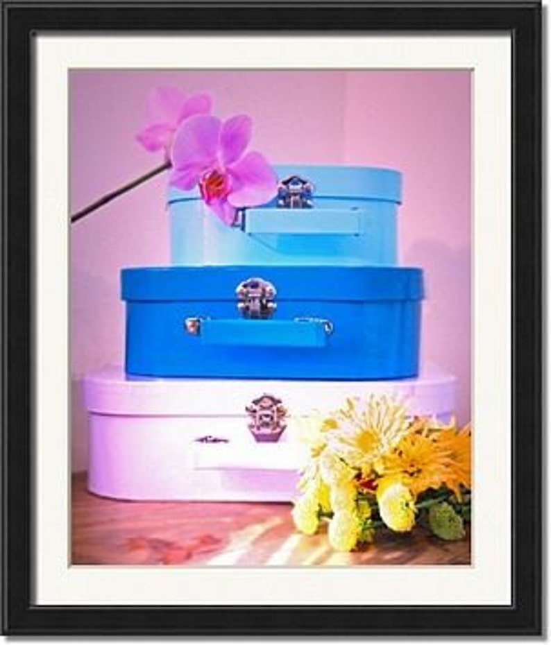 Vintage Style Travel Photo 10x8 suitcase, trunk, vacation, holiday, still life, color, pastels, purple, pink, blue image 2