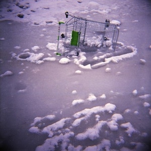 Surreal Frozen Pond Genuine Lomography Photo - 8x8 - winter, Christmas, shopping cart, snow, ice, urban decay, trash