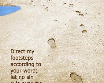 Psalm 119 - Christian Inspirational 10x8 Photo with Bible Text - landscape, scripture, beach, footprints, sea, footsteps, wall art