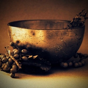 Still Life Sepia Photograph 10x8 golden bowl, wall art, home decor, old, vintage, antique style, poetry, golden, berries image 1