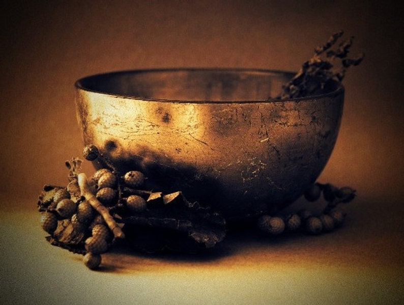 Still Life Sepia Photograph 10x8 golden bowl, wall art, home decor, old, vintage, antique style, poetry, golden, berries image 1