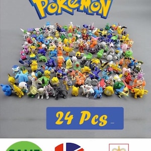 May include: A selection of small, colourful Pokémon figurines. The figurines are of various shapes and sizes, with a variety of colours including yellow, blue, green, and red. The word "Pokémon" is displayed in yellow and blue. The text "24 Pcs" is displayed on a blue rectangle.