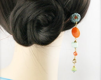 Tangerine mint blossom hair stick (HS) - jade, and quartzite.