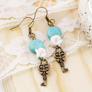 Friendship key dangle earrings - turquoise, clay flower and key charm