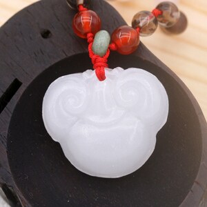 Auspicious Ruyi PingAn Suo unisex necklace - smoky quartz, rose quartz, agate, aventurine, and white jade