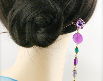 Purple blossom hair stick (HS) - jade and quartzite