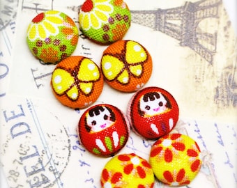 Spring in Japan- fabric covered button ear studs, set of 4 -  1/2", 12mm (BS)