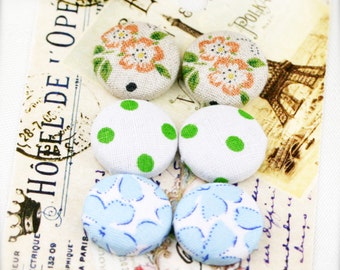 Spring blossom - fabric covered button ear studs, set of 3 -  3/4", 19mm (BS)