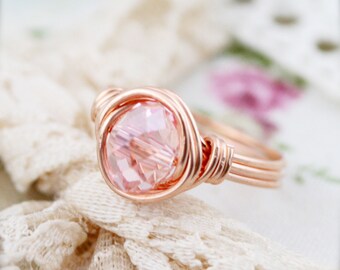 October birthstone color (BSR) - wire wrapped ring - glass crystal 8x6mm