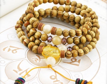 Magnetizing 108 japa mala (JM) - olive wood, quartzite and crackle glass crystal