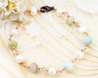 Ocean breeze bracelet - freshwater pearl, amazonite