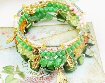 Forest Dew 5 tiers bangle (MW revised version) - dyed quartzite, and freshwater pearls