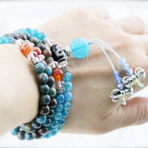 108 small japa mala (SJM) - Calsilica, aquamarine, agate, quartz, dzi bead, jade and dorje
