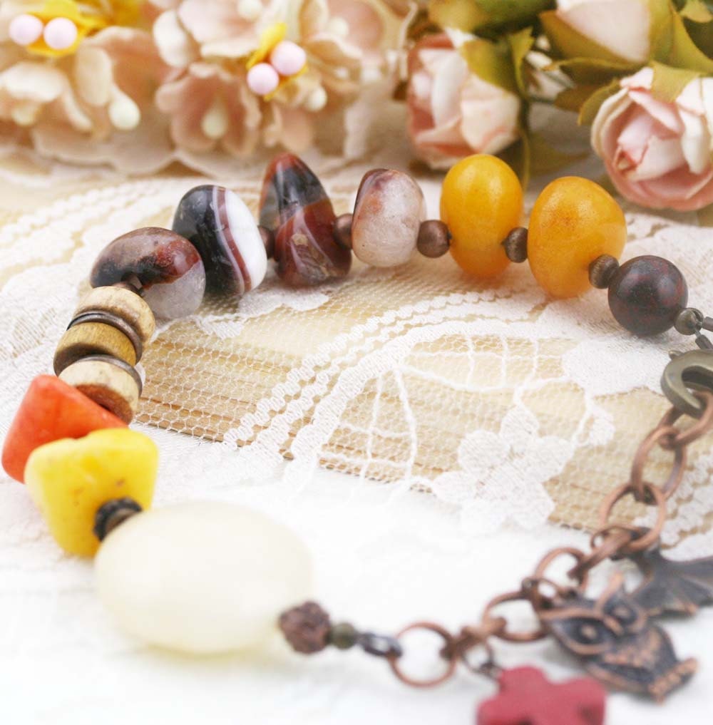Boho Charm Bracelet: Jade, Carnelian, Jasper, Owl & Ginkgo Leaf