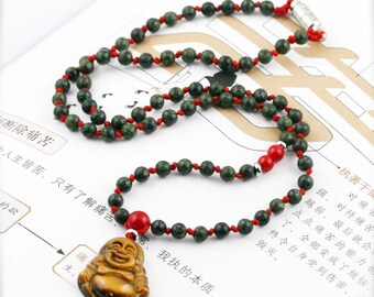 Auspicious Abundance unisex necklace - Russian serpentine, jade and tiger eye.