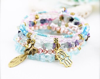 Cotton dream 5 tiers bangle (MW) - freshwater pearls and fluorite
