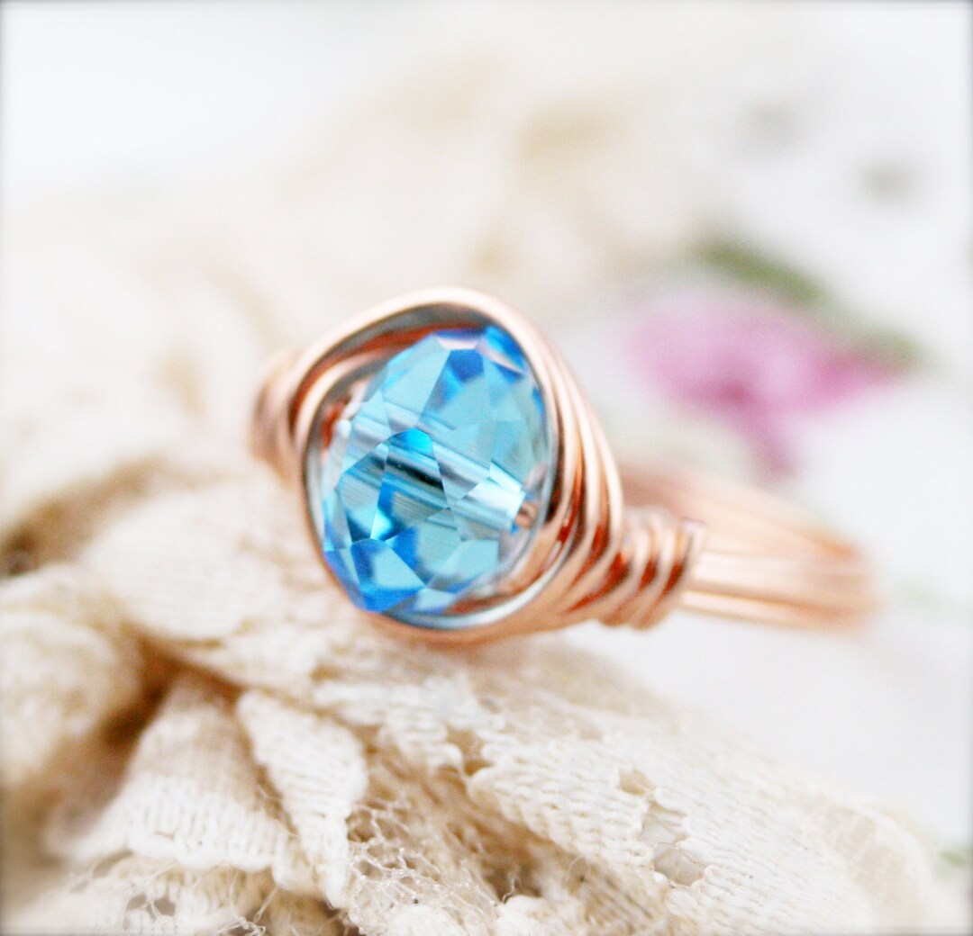March Birthstone Color (BSR) - Wire Wrapped Ring - Glass Crystal 8x6mm ...