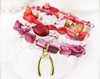 Summer cherries 5 tiers bangle (MW) - shell, jade, howlite, carnelian, clear quartz and wishbone