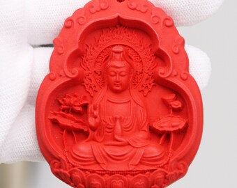 Avalokiteshvara (Guanyin) rearview mirror charm - Cinnabar, Rudraksha, and Monzo wood