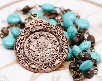 Tibetan nine palace bagua amulet (unisex) necklace - Turqurenite, bronzite, and quartz.