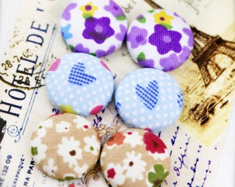 Love flowers - fabric covered button ear studs, set of 3 -  3/4", 19mm (BS)