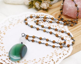 Peaceful and gracious unisex necklace - wood jasper, agate, and montana agate