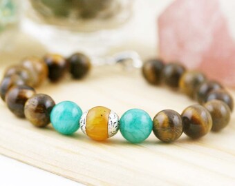 Wealth and vitality (unisex) bracelet- Tiger eye, quartzite and amber resin