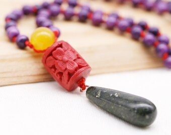 Fortune and humility necklace (unisex) -  Purple jasper, agate, cinnabar, and serpentine