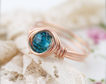 December birthstone color (BSR) - wire wrapped ring - glass crystal 6x4mm