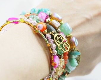 Tropical bliss 5 tiers bangle (MW revised version) - dyed jade, amazonite, and serpentine