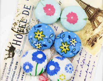 Flower by the lake - fabric covered button ear studs, set of 3 -  3/4", 19mm (BS)