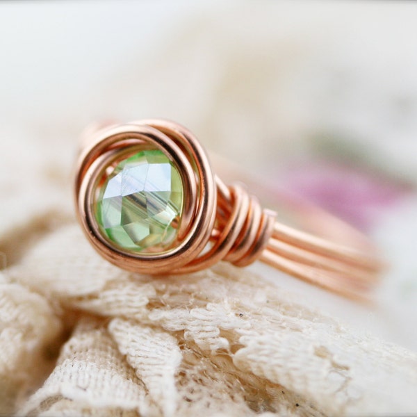 August birthstone color (BSR) - wire wrapped ring - glass crystal 6x4mm