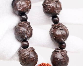 FuShou ShuangQuan car gear mala - Monzo wood, Rudraksha and impregnated Chrysocolla