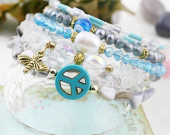 Cotton Melody 5 tiers bangle (MW revised version) - howlite, quartz and freshwater pearl