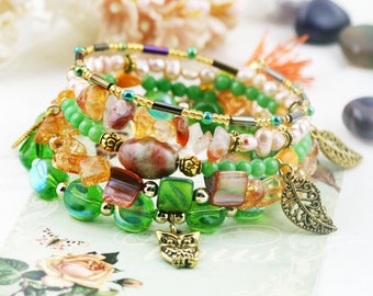 Persian owl 5 tiers bangle (MW revised version) - unakite, dyed jade, pearls and carnelian