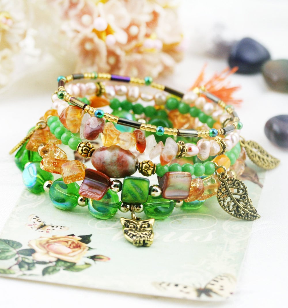 Persian owl 5 tiers bangle (MW revised version) - unakite, dyed jade, pearls and carnelian
