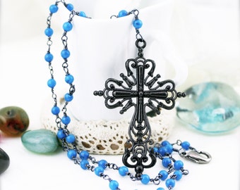 Medieval cross quartzite rosary necklace (MC)