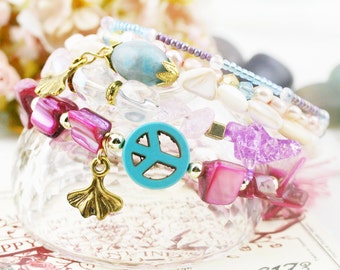 Cotton candy 5 tiers bangle (MW revised version) - freshwater pearls, howlite and jasper