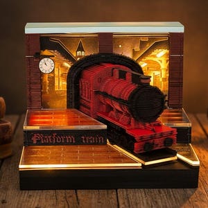 Può includere: Diorama illuminato con un treno rosso e nero che esce da un tunnel. La base recita "Platform train". La scena comprende un orologio, mattoni e un bagliore caldo, creando un'atmosfera accogliente.